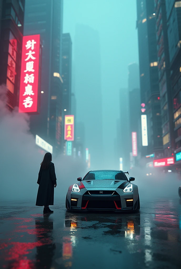 (Intricate details:1.2), (Realistic), (masterpiece), (photograph), Cinema Lighting, Cyberpunk City, fog, Cyberpunk Hypercar, Soft colors, Swirling colored smoke, Legend, Cityscape, space, Nissan GTR Nissan Ground Vehicle, car, Samurai women, scenery, alone, Car both focus, At night, Front Quarter, Liberty Walk Widebody, Widebody Information