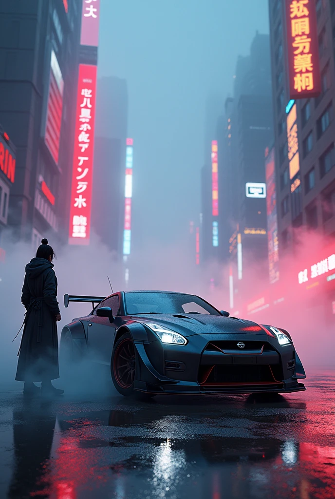 (Intricate details:1.2), (Realistic), (masterpiece), (photograph), Cinema Lighting, Cyberpunk City, fog, Cyberpunk Hypercar, Soft colors, Swirling colored smoke, Legend, Cityscape, space, Nissan GTR Nissan Ground Vehicle, car, Samurai women, scenery, alone, Car both focus, At night, Front Quarter, Liberty Walk Widebody, Widebody Information