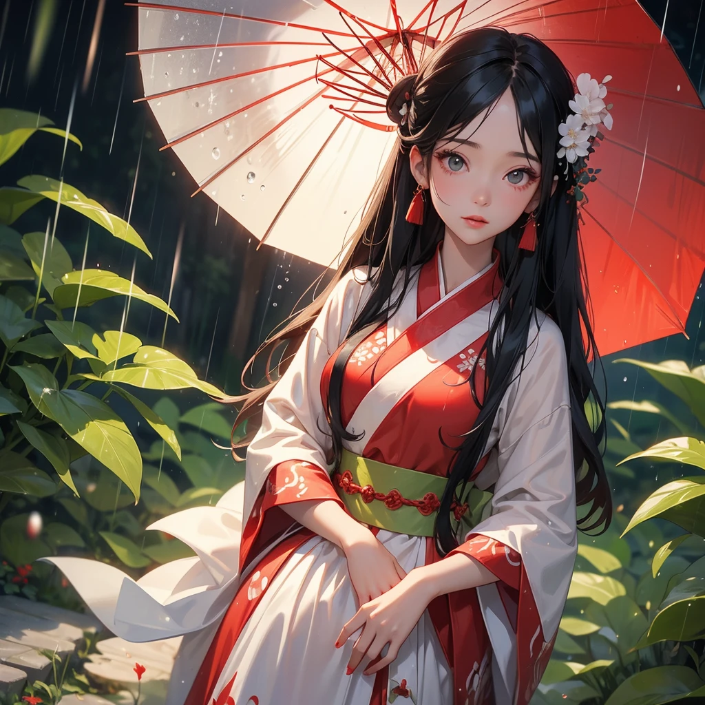 A black hair beautiful female in red-white hanfu dress , close up.
Stand holding an umbrella to protect from the rain. Rain fell and splashed around. There are water droplets falling on the leaves in the surrounding area, green and moist, the atmosphere after rain.