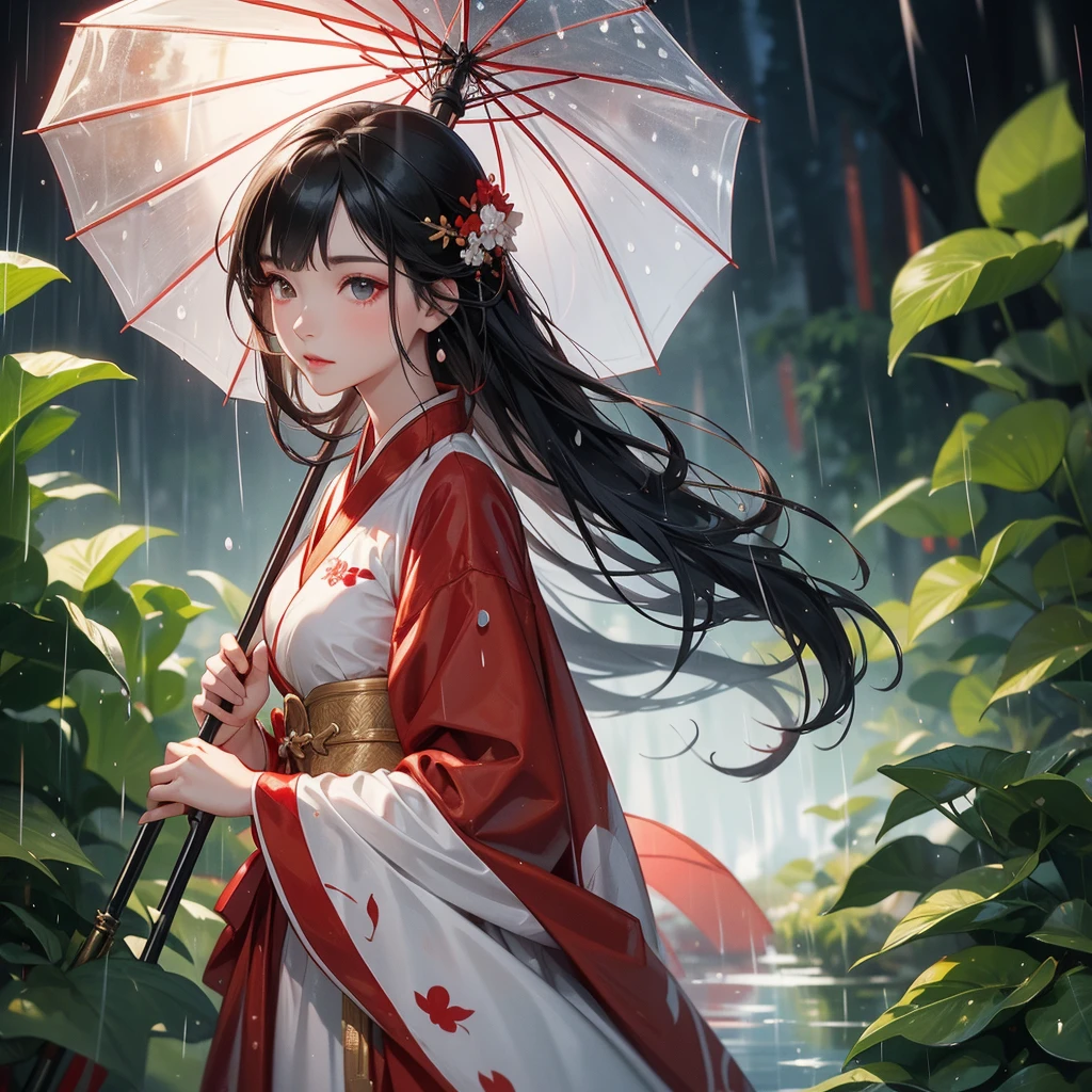A black hair beautiful female in red-white hanfu dress , close up.

Stand holding an umbrella to protect from the rain. Rain fell and splashed around. There are water droplets falling on the leaves in the surrounding area, green and moist, the atmosphere after rain.