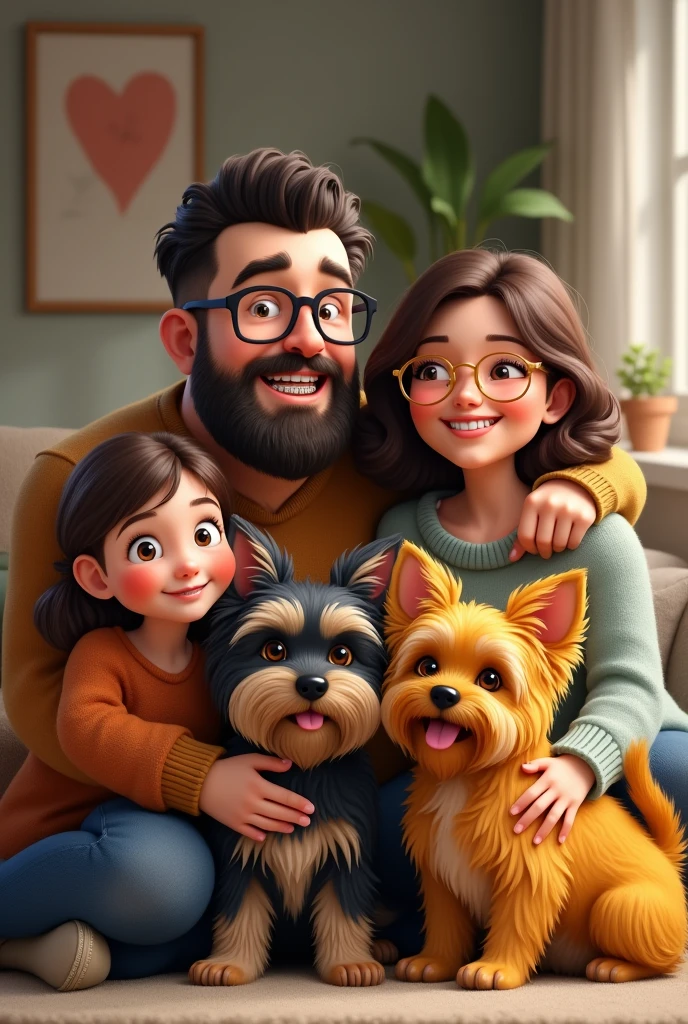 A family with a father, a mother with three daughters and two dogs. The chubby father with a beard and black glasses.,the chubby mother with braces and gold glasses, a small Yorkshire dog with black and gray fur and another Yorkshire dog with yellow fur 