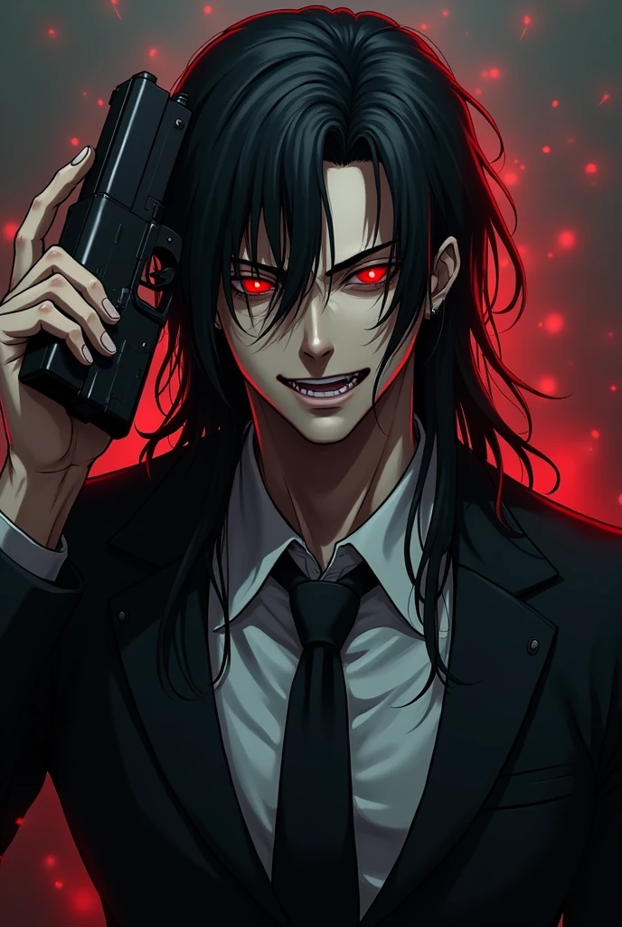 Face Portrait of an anime man with muscular body having psycho red wild eyes, psycho face, wearing black suit with tie, having gun near head ,very long black hair, deatheye
1:1 size