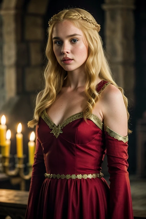 Layde lennister de game of throne, with red and gold dress, blonde hair and green eyes

