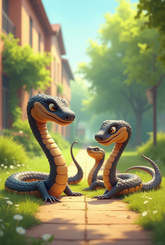 Snake and the cobras playing together in the school yard, laughing and enjoying, showing the happiness of new friendship.  Illustration of a real snake
