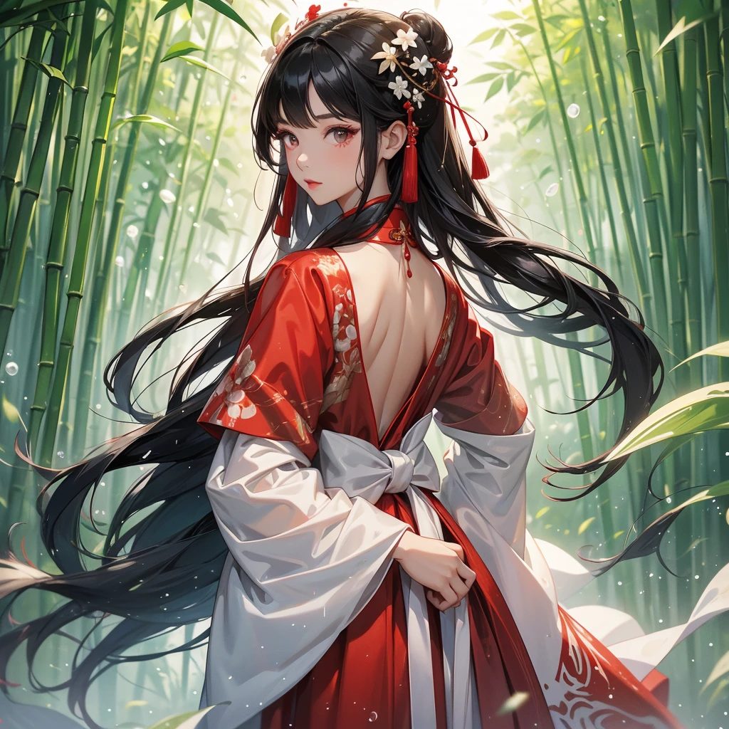 A black hair beautiful female in red-white hanfu dress , close up.

The back is a lush green bamboo forest. The air after rain has water droplets splashing around.