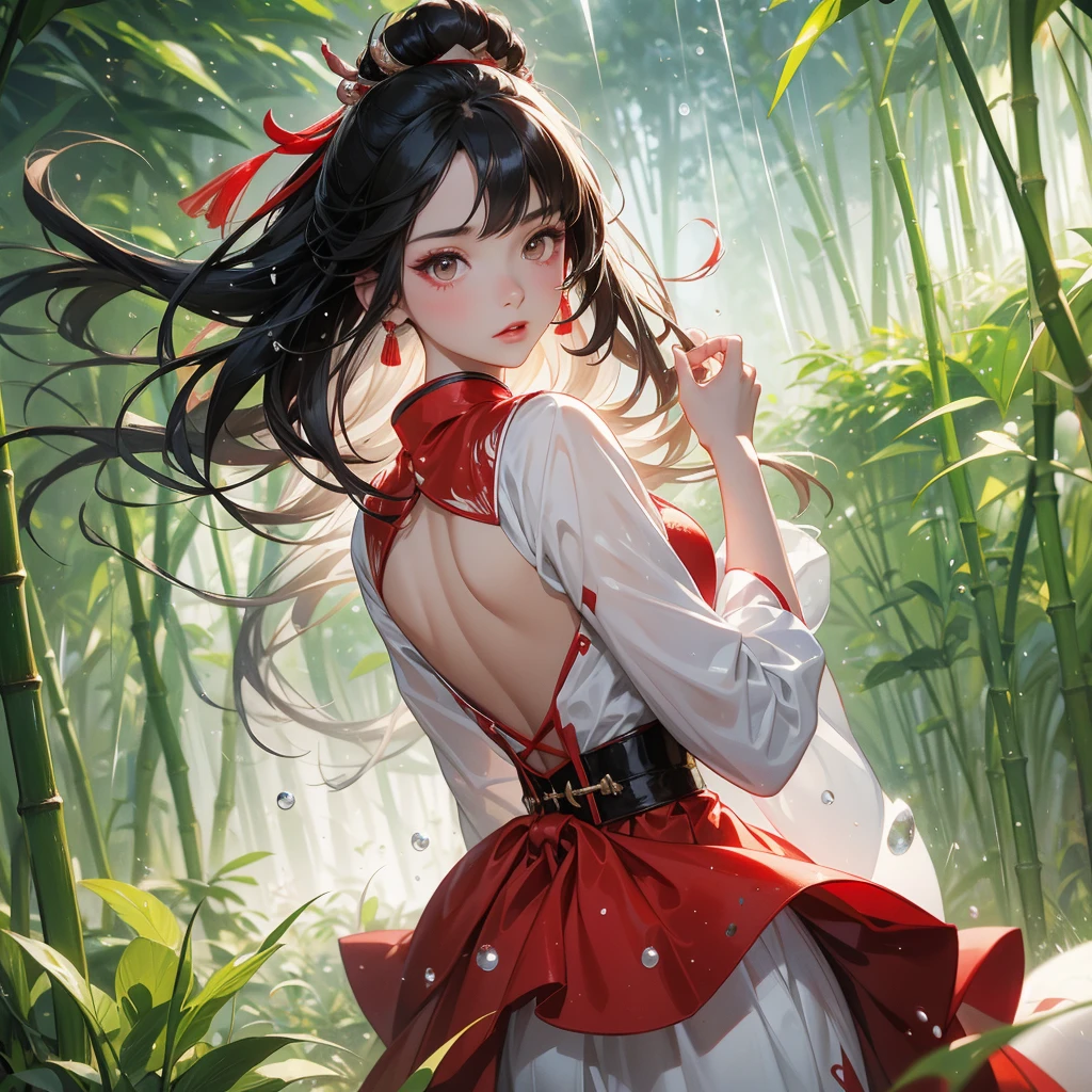 A black hair beautiful female in red-white hanfu dress , close up.
The back is a lush green bamboo forest. The air after rain has water droplets splashing around.