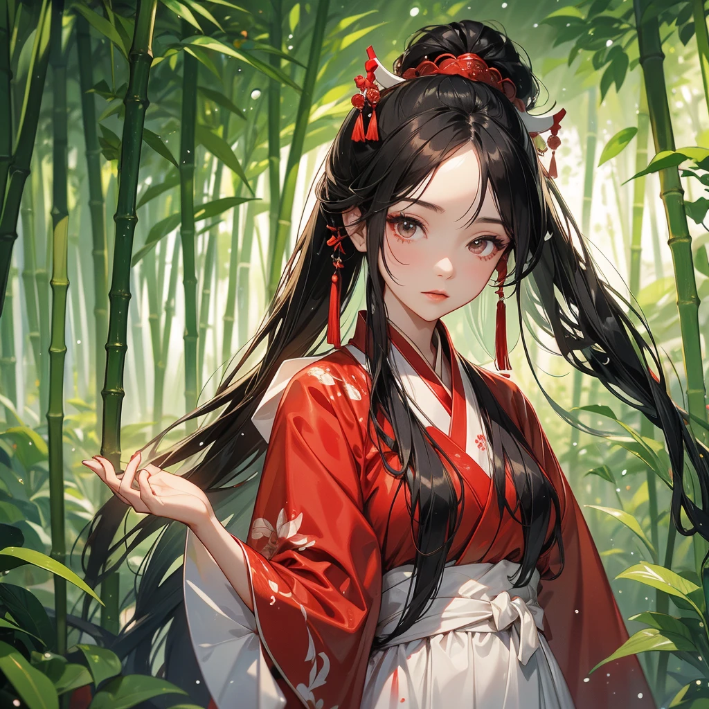 Girl, hair buns, black hair, red eyes, black eyeline, black chinese dress, bamboo forest background, smile