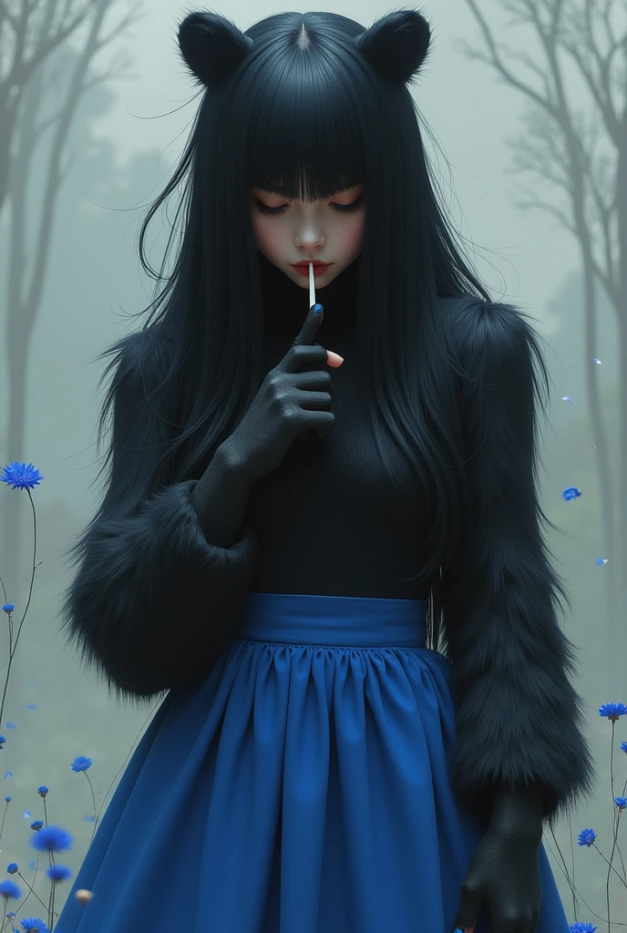 a teenage girl, black bear hybrid skin, big black straight hair, using white toothpick,blue skirt and closed eyes