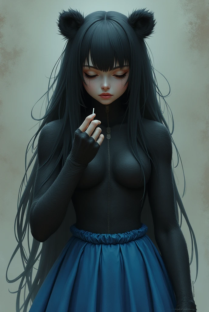 a age girl, black bear hybrid skin, big black straight hair, using white toothpick,blue skirt and closed eyes
