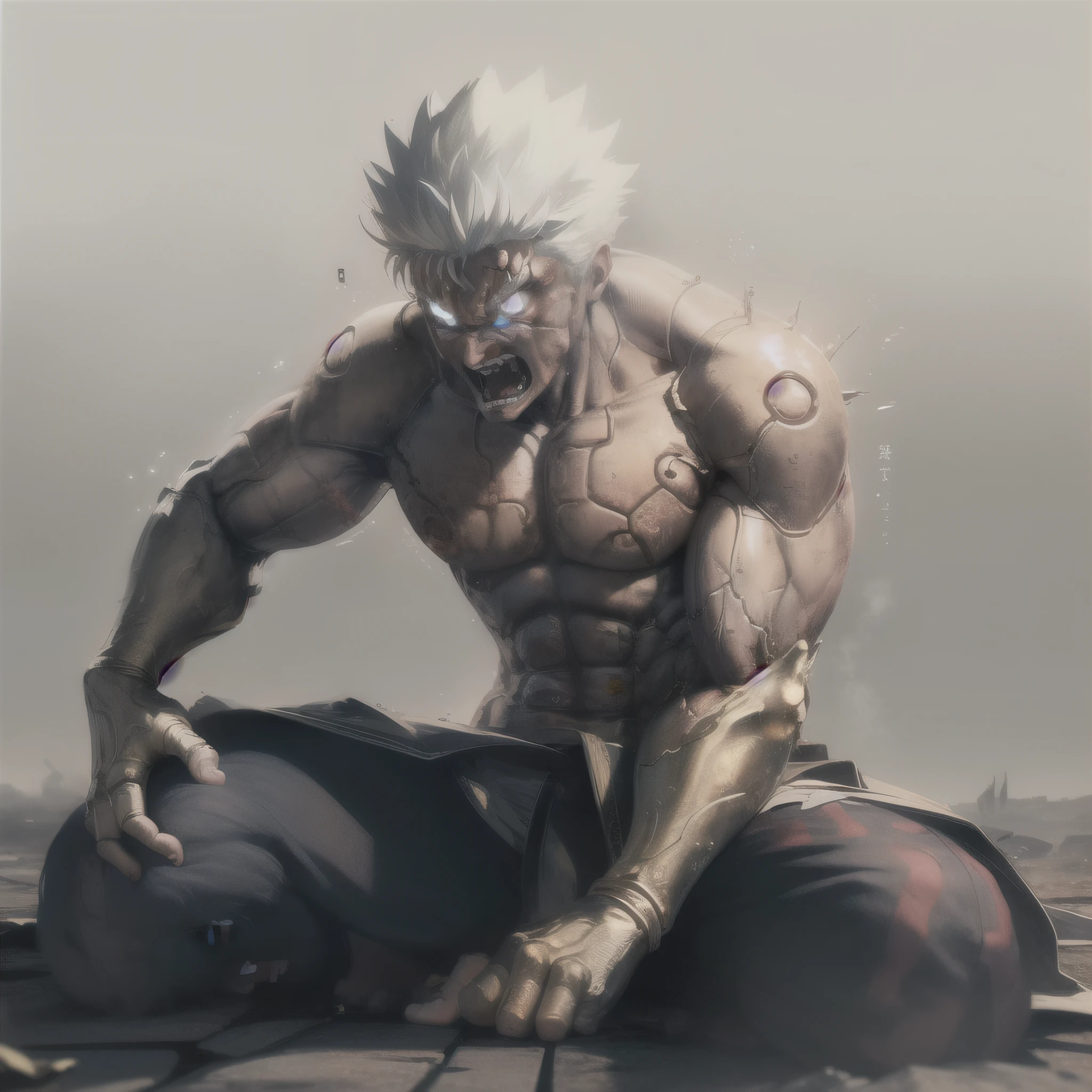 ((masterpiece, best quality)),(complex light),alone,alone focus,1 boy,Asura, white hair, glowing eyes, furious, Golden arm, Simple background, laying on his back, sitting, hands tied up, bondage, defeated in battle, hurt, injured, screaming in pain, naked, Destroyed debris background, 