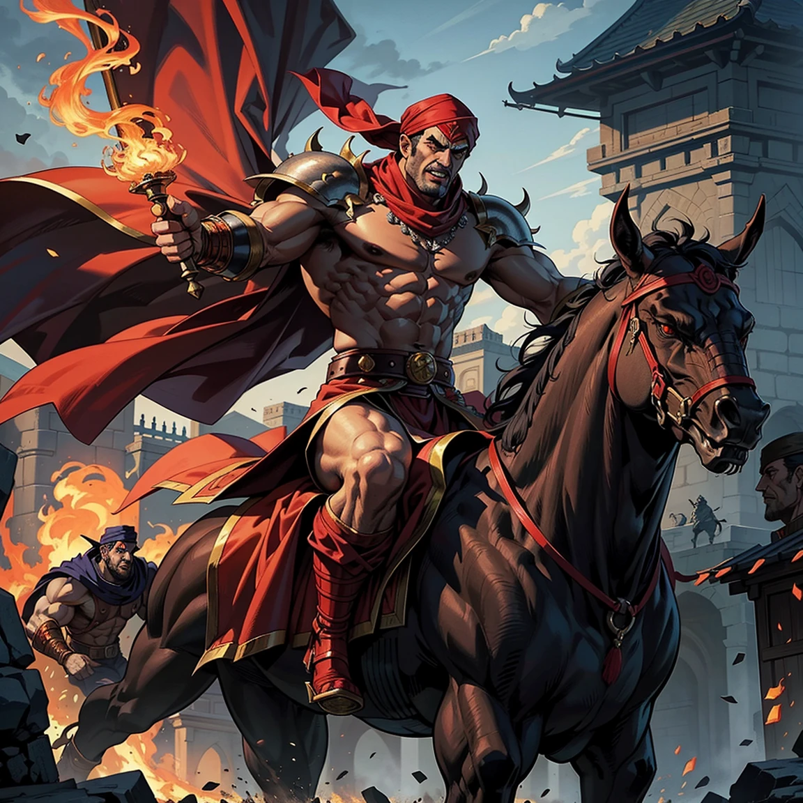 Super Detailed Dynamic Shot of Lord Dracula's Centerpiece Medieval Arab Warrior with a Red Turban Scary Face Hokuto No Ken Structure Muscular Face Kenshiro riding a legendary fire dragon Scary dragon marching with his Moroccan army