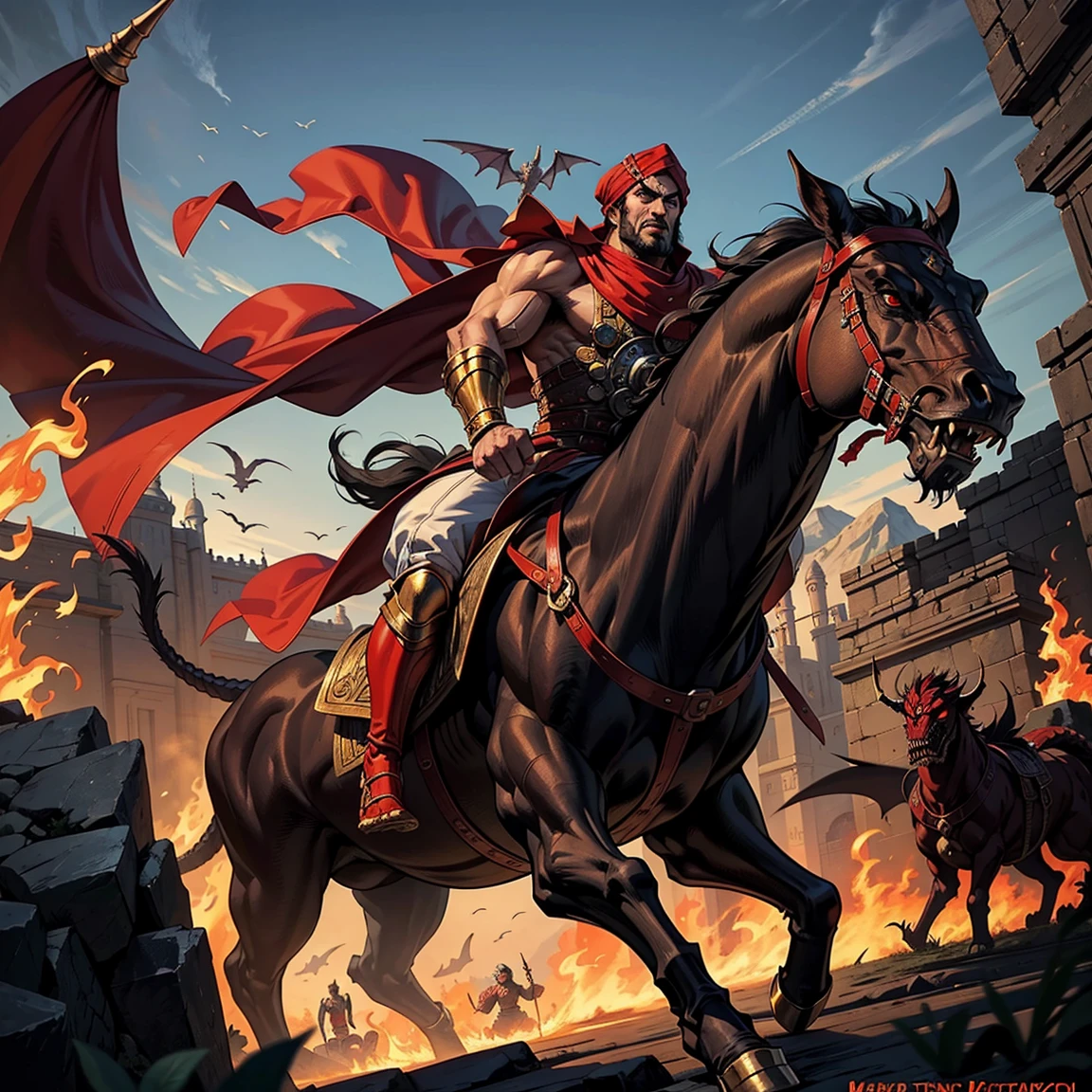 Super Detailed Dynamic Shot of Lord Dracula's Centerpiece Medieval Arab Warrior with a Red Turban Scary Face Hokuto No Ken Structure Muscular Face Kenshiro riding a legendary fire dragon Scary dragon marching with his Moroccan army