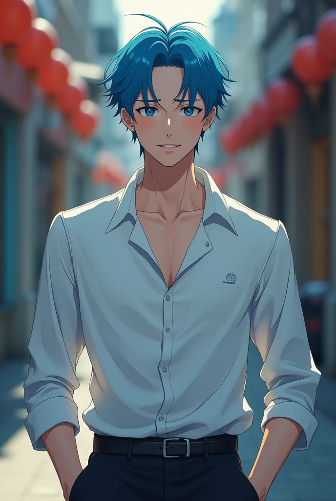 masterpiece, Highest quality, 青い髪の青年のmovieのような写真, Short haired man, White shirt, Black pants, View the Views, Black Shoes, smile, Mouth open,Square neck, anime, movie, High resolution