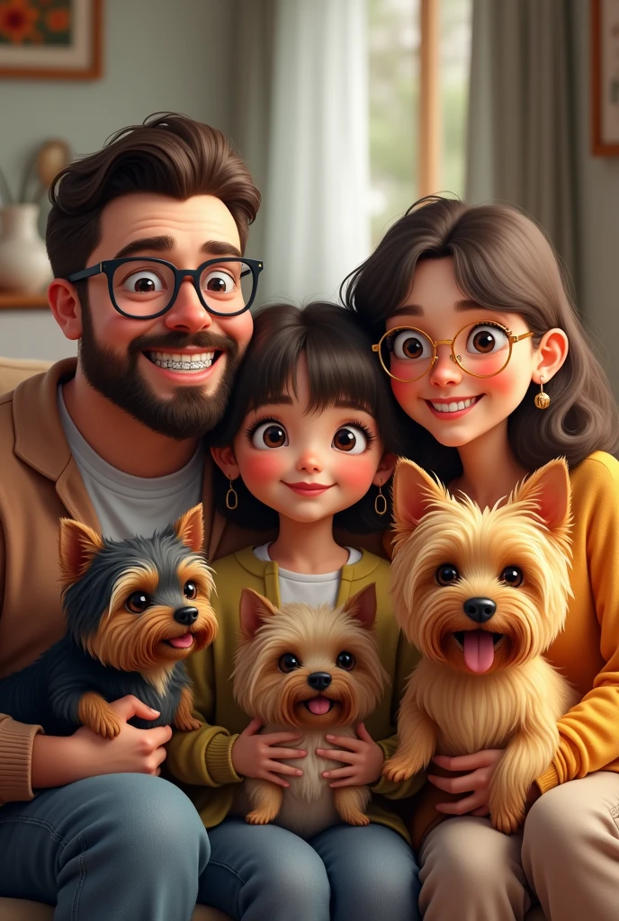 A family with a father, a mother with three daughters and two dogs. The chubby father with a beard and black glasses.,the chubby mother with braces and gold glasses, a small Yorkshire dog with black and gray fur and another Yorkshire dog with yellow fur