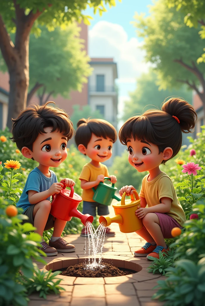 Help me create an image of watering plants in an urban garden at school