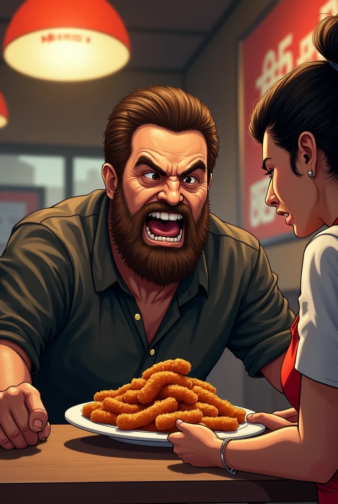 very angry man with beard looking at the waitress angrily who is coming to serve her food in plate. in nandos resturant. girl crying