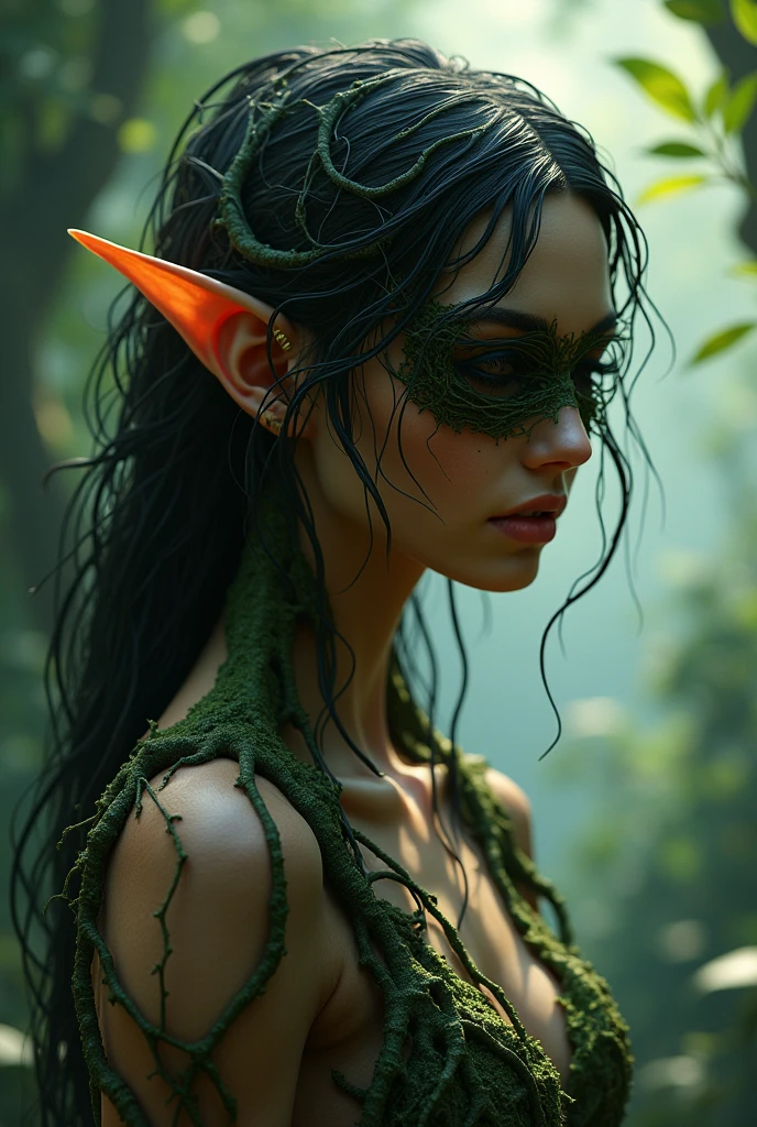 A mystical scene with a dark-haired brown woman with elf ears. His eyes are completely covered by tree roots that intertwine around his head.. Roots also emerge from their shoulders, connecting it to the natural environment. The atmosphere is enchanted, with soft light filtering through the trees, highlighting his serene and mysterious expression.