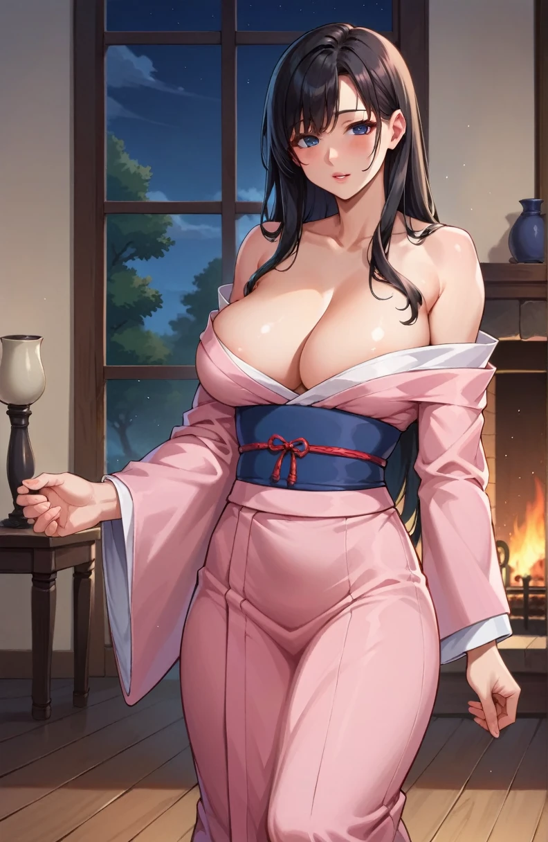 zPDXL, score_9, score_8_up, score_7_up, score_6_up, score_5_up, score_4_up, source_anime, BREAK, masterpiece, best quality, highly detailed, night, bedroom, 1girl, beautiful woman, long hair, black hair, curvy, kimono, bare shoulders, standing, near fireplace, 