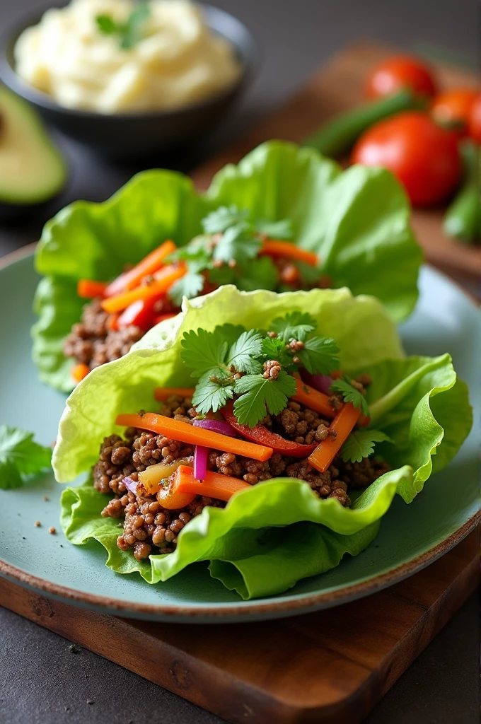 Make a lettuce wrap with vegan meat, packed a self-heating system with vegetables and a sauce that is avocado, accompanied by mashed potatoes