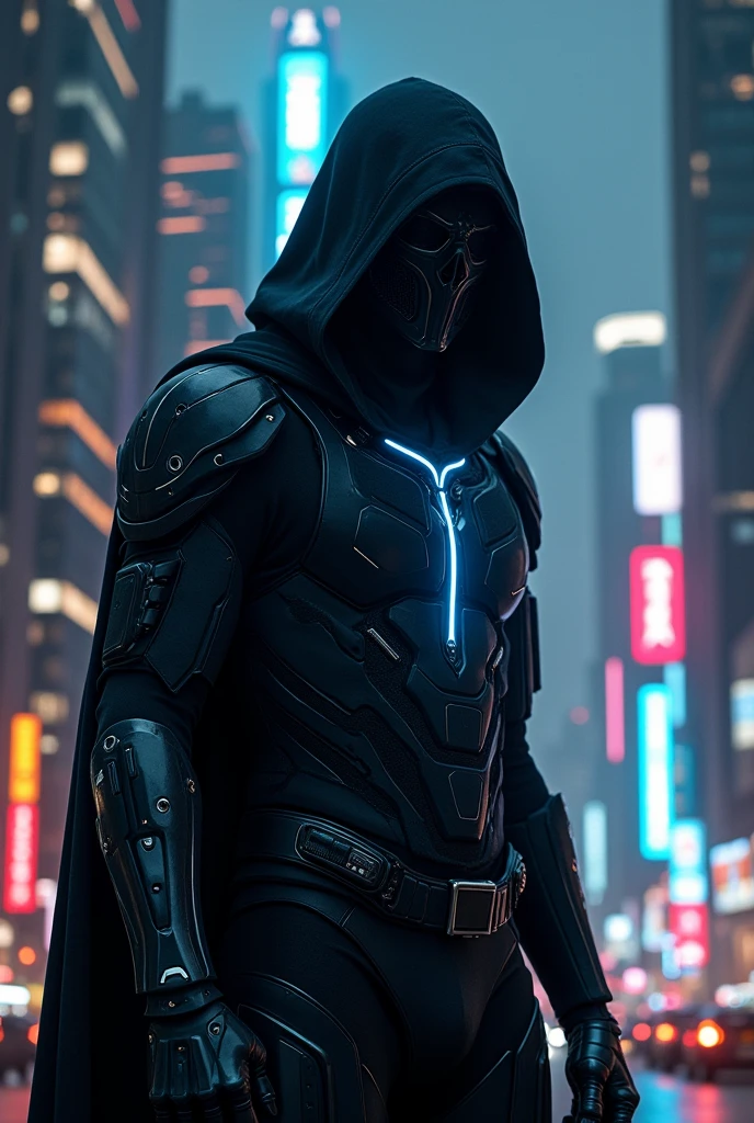 # Prompt 4: Stealth Assassin
Design a hyper-realistic, photo-realistic image of a stealth assassin in a futuristic cityscape at night.
The assassin should be clad in dark, sleek armor with glowing blue lines and a full-face mask that obscures identity.
Include a backdrop of towering skyscrapers with neon lights and a bustling city below, capturing a sense of secrecy and high-tech espionage.
