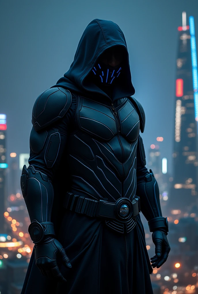 # Prompt 4: Stealth Assassin
Design a hyper-realistic, photo-realistic image of a stealth assassin in a futuristic cityscape at night. 
The assassin should be clad in dark, sleek armor with glowing blue lines and a full-face mask that obscures identity. 
Include a backdrop of towering skyscrapers with neon lights and a bustling city below, capturing a sense of secrecy and high-tech espionage.