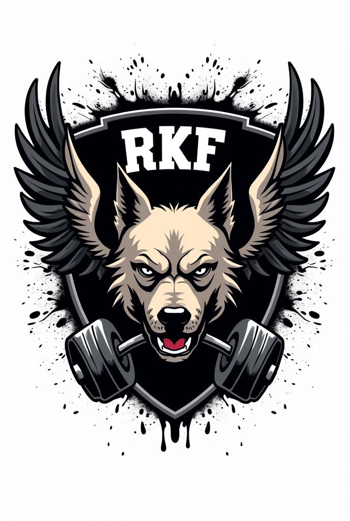 coat of arms of an academy whose mascot is a man with a very angry face, On the coat of arms of gym weights, the dog only has its face right in the middle, with not so big wings coming out from behind him aligned with his eyes and two weights at the bottom of the coat of arms. written at the top of the coat of arms "RKF" with black splash behind the coat of arms, with white background behind the splash