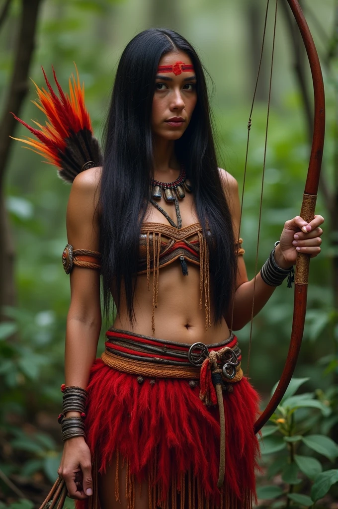 AN INDIGENOUS WOMAN WITH A FRINGE WITH RED FEATHERS AS A SKIRT HOLDING A BOW AND ARROW IN HER HANDS WITH A SERIOUS EXPRESSION IN THE FOREST WITH A RED STRIPE ON HER FACE WITH LONG HAIR COVERING HER BREASTS A RED STRIPE ON HER FOREHEAD WITH FEATHERS 