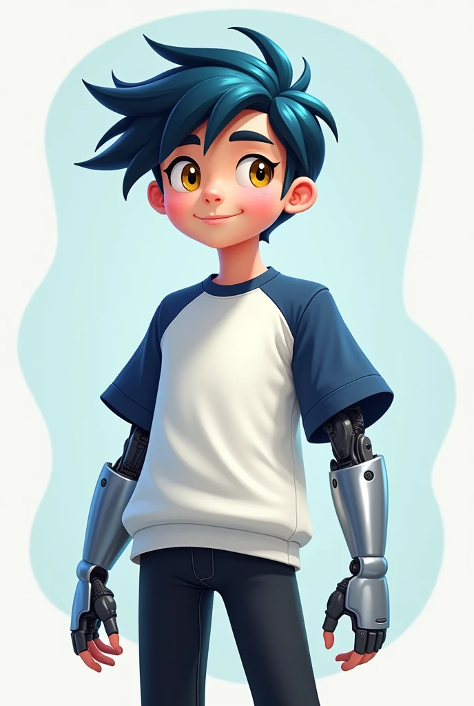 Make a cartoon-style boy with a gray bionic arm,white sweatshirt under dark blue shirt,black pants and yellow eyes,just the bionic right arm,and also the blue shirt is over the sweatshirt and his hair is a mix of blue and black,and make him seventeen years old,MDS, Are you stupid or what?? Only the right arm is bionic and the sweatshirt is under the shirt,and the shirt is blue and the sweatshirt is white The left arm is normal