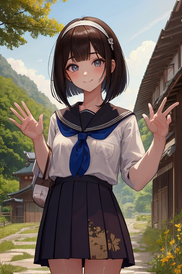 (masterpiece), (best quality), (ultra detailed), 1 girl, late teenage, standing, wave hand, thigh focus, from below, school uniform, serafuku, hair band, bob cut, brown hair, smile, looking at viewer, japanese rural landscape, rice paddies, gravel road, cumulonimbus, in summer, professional lighting, stunning face, detailed eyes and face