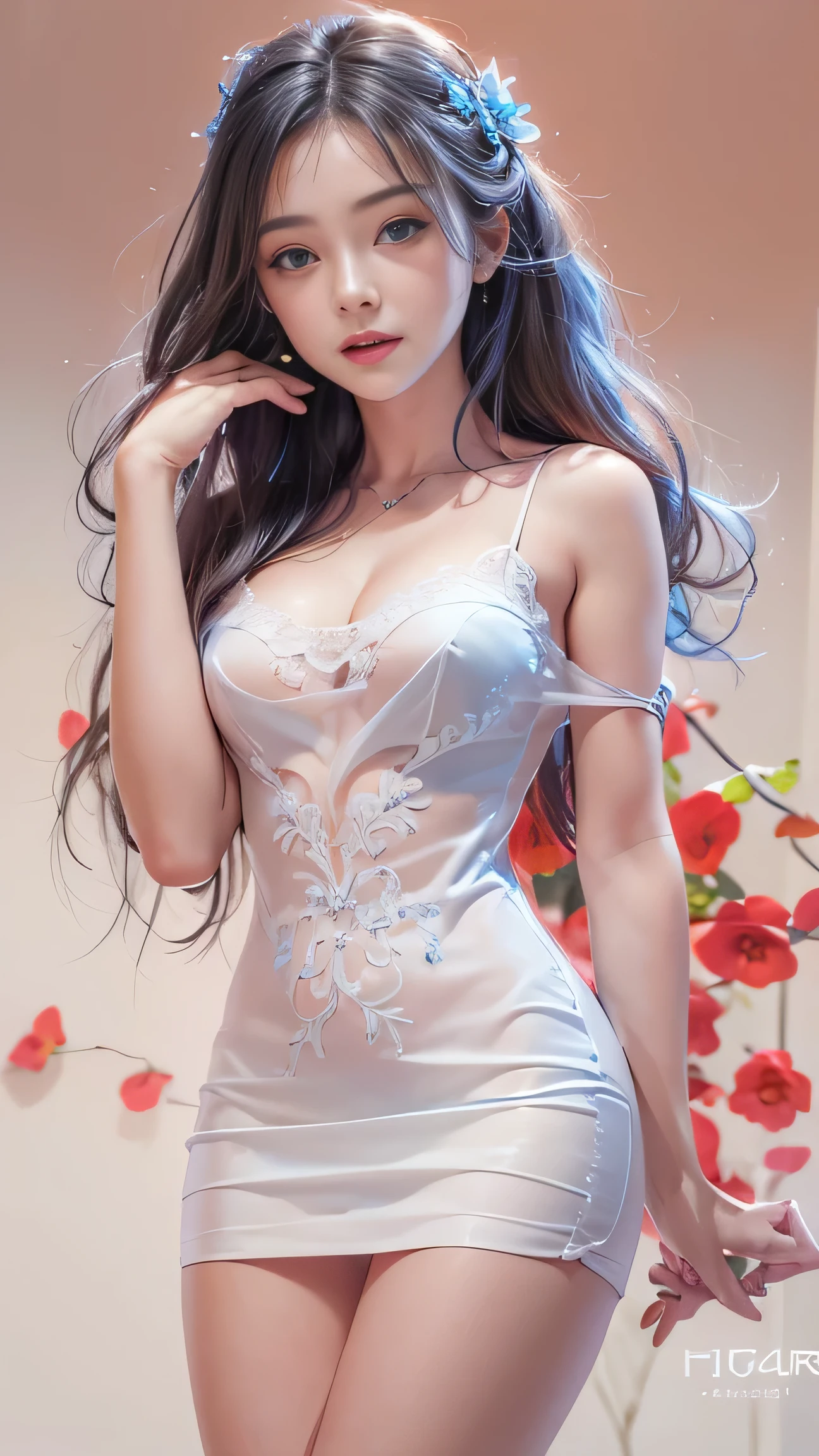 (Girl in a semi-transparent one-shoulder white miniskirt dress), (フォトRealistic:1.4), (ハイパーRealistic:1.4), (Realistic:1.3), (Smooth lighting:1.05), (Cinematic Lighting Quality Improvements:0.9),. 32K, 1 Girl,20 year old girl, Realistic lighting, Backlight, Face light, Ray tracing, (Brightening light:1. 2), (Image quality improvement:1.4), (Highest quality realistic textured skin:1. 4),(Big Blue Eyes), Detailed drawn eyes、Detailed painted face、Fine textured eyes、(tired、sleepy、satisfaction:0.0)、A shirt that shows off a lot of cleavage、(Accentuates the body line:1.1)、(Beautiful textured skin:1.1)、(Red petals are flying)、(Black lace panties are visible)、Slim long legs、