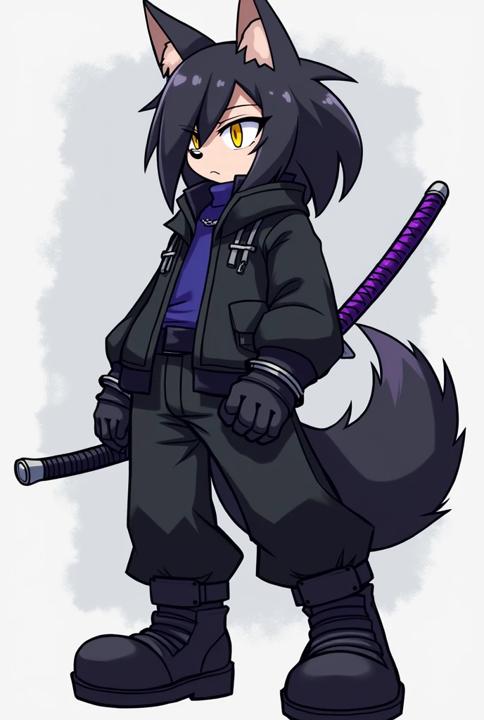An anthropomorphic Sonic-style wolf, Short Long Black Hair, hair a little on the left side of the face and with a slightly large ponytail, with big yellow eyes, with black cold weather blouse with dark blue shirt, black pants and black men&#39;s boots, with black gloves, and with a purple Katana on his back.