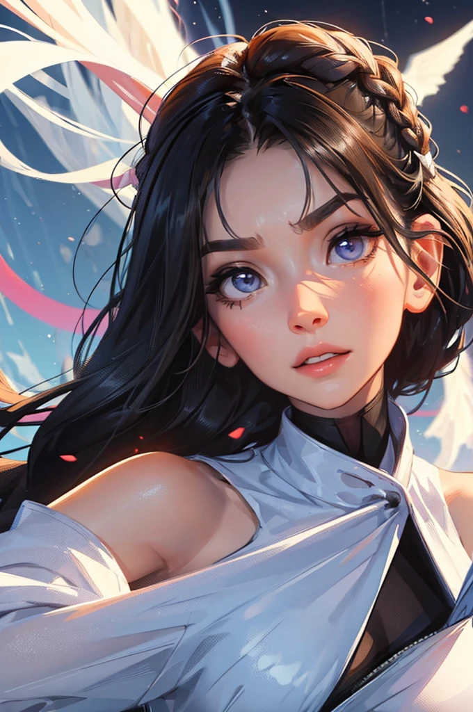 bege and white clothing, portrait, close-up, 2 female, Personagem feminina futurista, mechapunk, Lyra has a feline grace. Her hair, a cascade of silver that glinted in the faint starlight, is usually tied back in a braid that fell down her back, contrasting sharply with her olive skin. Her eyes have a vivid shade of violet, flickered with an almost ethereal light, scanning the surroundings. Lyra’s features are delicate yet steely, her full lips often curved into a wry smile that hinted at a sharp wit and a depth of emotion hidden beneath the surface. At her sides, she carries a pair of sleek pistols and small laser blades, ready to strike with deadly precision should the need arise. Her movements are fluid, almost dance-like, each step measured and deliberate, as though she is a predator stalking unseen prey. Lyra silhouette is tall and lithe, with a lean, muscular build that speaks of agility and strength with eyes set deep beneath dark, expressive brows. She has a strong, angular jawline that contrasts with her softer features, hinting at her inner strength and resilience. Her nose is slightly upturned, adding a hint of mischief to her otherwise serious demeanor. Her hands, although slim and delicate-looking, have a firm grip. Her fingers are long and nimble, perfect for the quick draw of pistols.