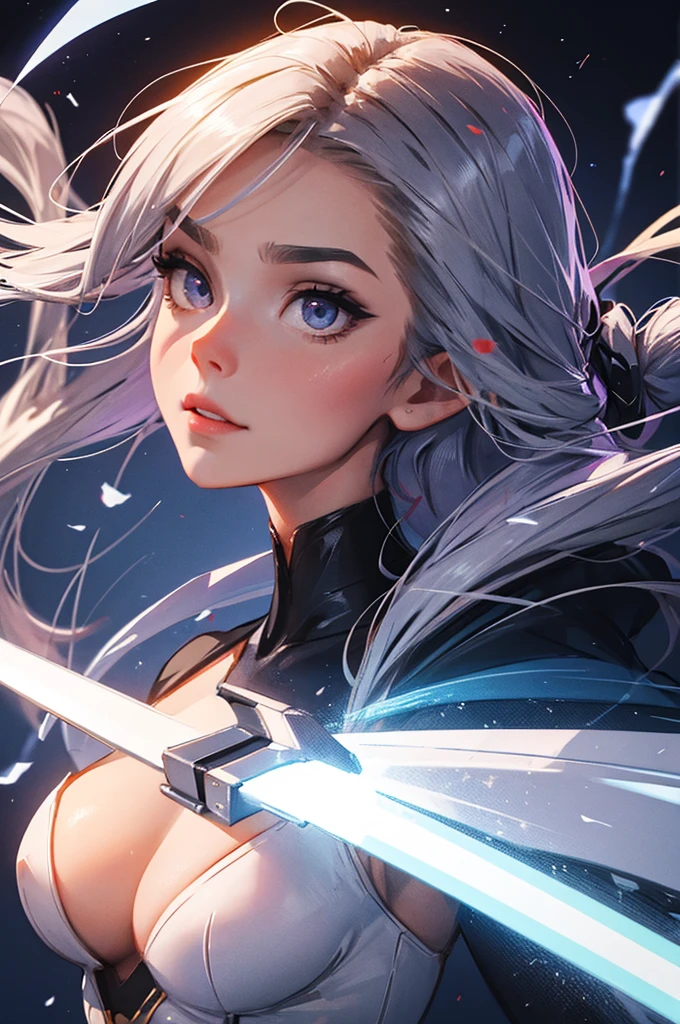 bege and white clothing, portrait, close-up, 2 female, Personagem feminina futurista, mechapunk, Lyra has a feline grace. Her hair, a cascade of silver that glinted in the faint starlight, is usually tied back in a braid that fell down her back, contrasting sharply with her olive skin. Her eyes have a vivid shade of violet, flickered with an almost ethereal light, scanning the surroundings. Lyra’s features are delicate yet steely, her full lips often curved into a wry smile that hinted at a sharp wit and a depth of emotion hidden beneath the surface. At her sides, she carries a pair of sleek pistols and small laser blades, ready to strike with deadly precision should the need arise. Her movements are fluid, almost dance-like, each step measured and deliberate, as though she is a predator stalking unseen prey. Lyra silhouette is tall and lithe, with a lean, muscular build that speaks of agility and strength with eyes set deep beneath dark, expressive brows. She has a strong, angular jawline that contrasts with her softer features, hinting at her inner strength and resilience. Her nose is slightly upturned, adding a hint of mischief to her otherwise serious demeanor. Her hands, although slim and delicate-looking, have a firm grip. Her fingers are long and nimble, perfect for the quick draw of pistols.