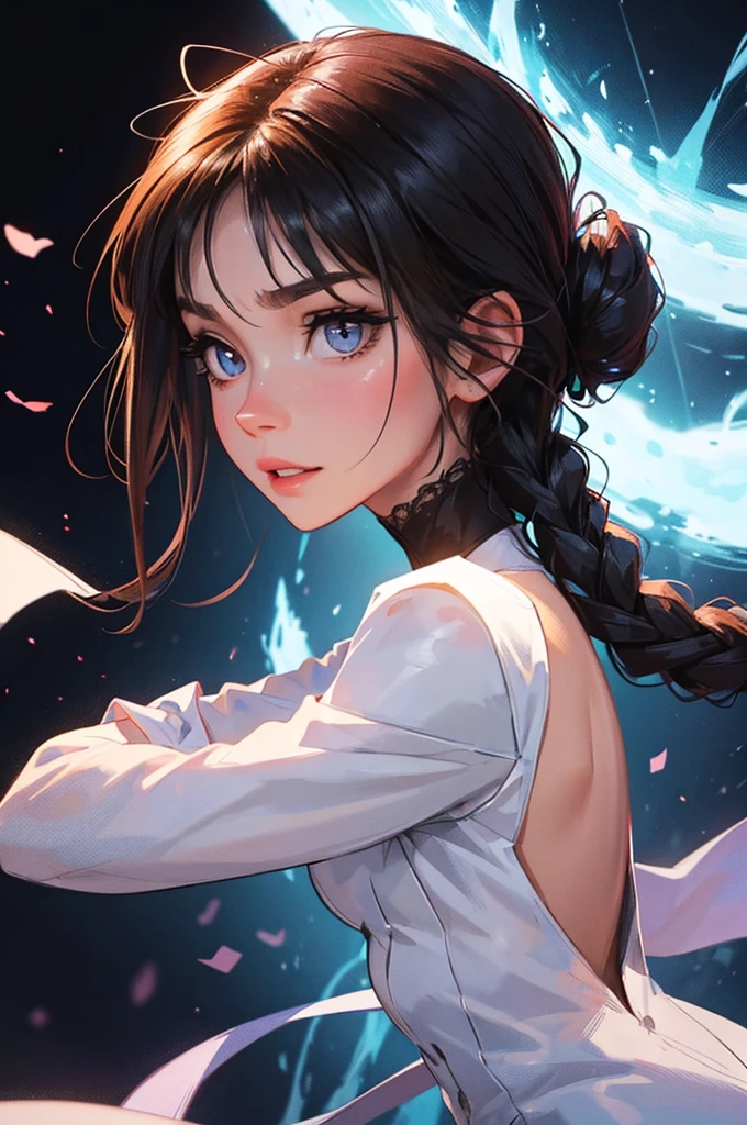 bege and white clothing, portrait, close-up, 2 female, Personagem feminina futurista, mechapunk, Lyra has a feline grace. Her hair, a cascade of silver that glinted in the faint starlight, is usually tied back in a braid that fell down her back, contrasting sharply with her olive skin. Her eyes have a vivid shade of violet, flickered with an almost ethereal light, scanning the surroundings. Lyra’s features are delicate yet steely, her full lips often curved into a wry smile that hinted at a sharp wit and a depth of emotion hidden beneath the surface. At her sides, she carries a pair of sleek pistols and small laser blades, ready to strike with deadly precision should the need arise. Her movements are fluid, almost dance-like, each step measured and deliberate, as though she is a predator stalking unseen prey. Lyra silhouette is tall and lithe, with a lean, muscular build that speaks of agility and strength with eyes set deep beneath dark, expressive brows. She has a strong, angular jawline that contrasts with her softer features, hinting at her inner strength and resilience. Her nose is slightly upturned, adding a hint of mischief to her otherwise serious demeanor. Her hands, although slim and delicate-looking, have a firm grip. Her fingers are long and nimble, perfect for the quick draw of pistols.