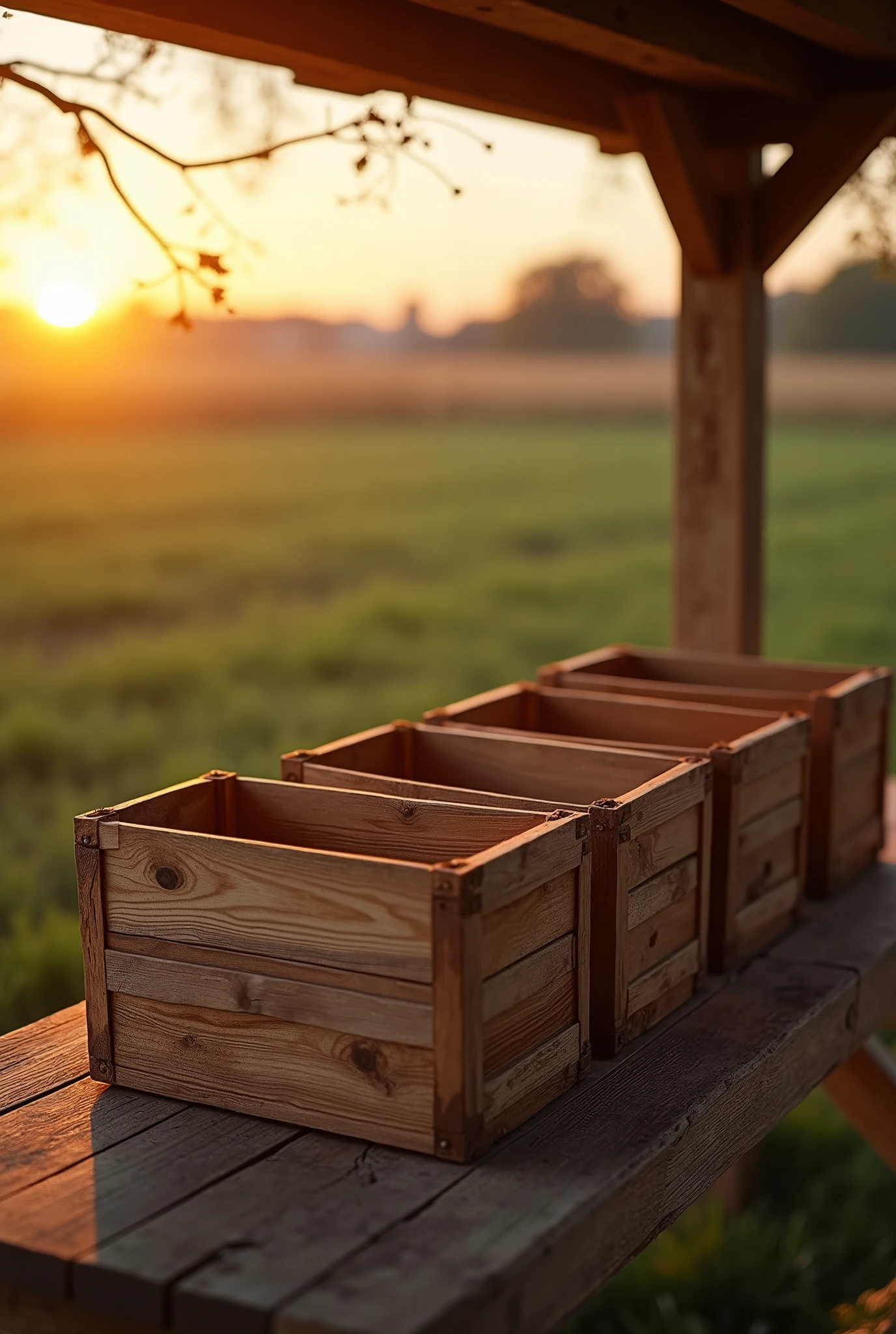shelf with six empty wooden boxes that are used to sell fruit from the hortifruti on the farm at sunset
