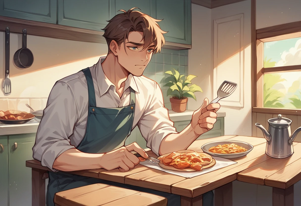 the wife is cooking and the husband is sitting at the dining table