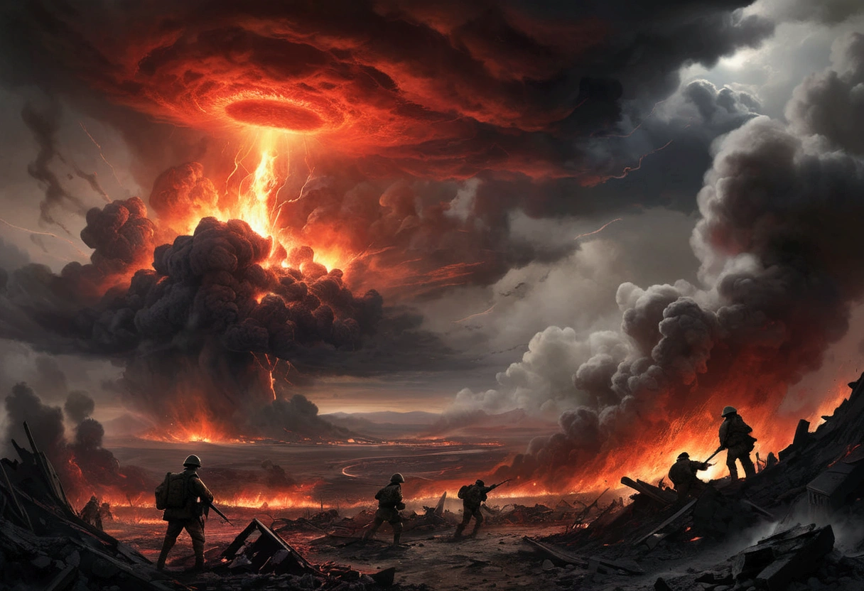 Create a dark and intense scene representing the chaos and evil on earth. In the foreground, depict a barren battlefield filled with craters, broken weapons, and desolate landscapes. Smoke and fire rise from the ground, and the sky above is filled with dark, ominous clouds swirling with shades of black, gray, and red, symbolizing the wrath and turmoil. Silhouettes of soldiers clashing can be seen in the distance, their figures blurred by the smoke and chaos. Among the destruction, depict a faint glimmer of light breaking through the clouds, symbolizing a distant hope amid the darkness. The overall color palette should be dominated by dark and muted tones, with sharp contrasts between light and shadow to emphasize the sense of war, destruction, and the pervasive presence of evil.