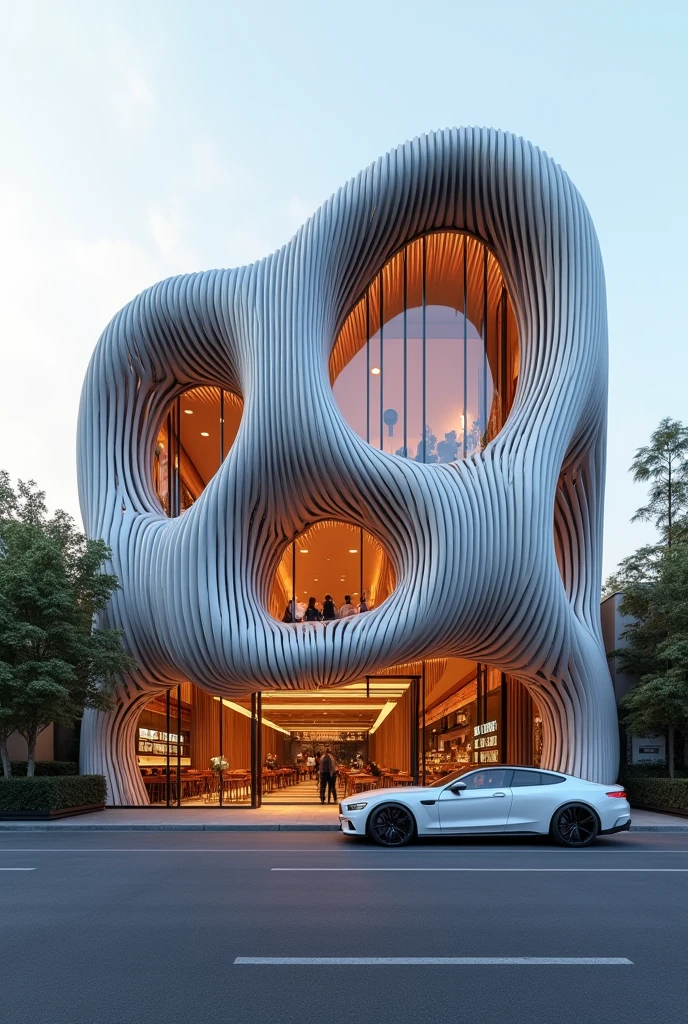  Line parametric resturant commercial building , exterior view , a car is parked in front of a parametric resturant , realistic architecture , concept commercial , 22 meters high , front view , high quality renderng , luxury architecture , realistic physical rendering , parametric commercial , installation architecture , parametric with line 
