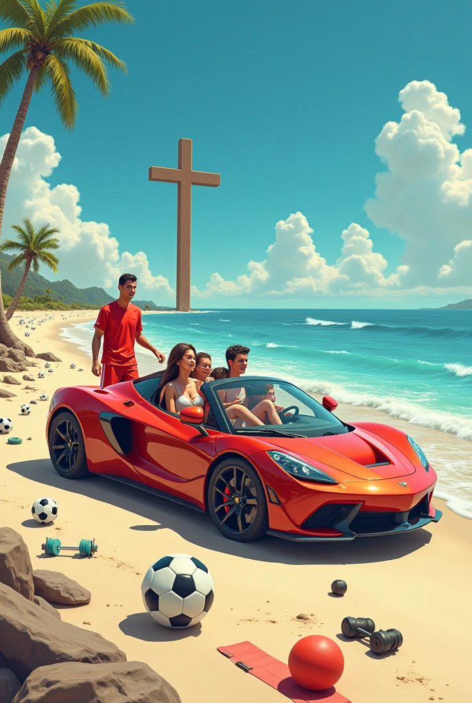 In this drawing I want me and my family inside a sports car on a beach., I want the car wheels to be replaced by soccer balls,and above all a Catholic cross, Besides, I want a tree to fall on the car, but we don&#39;t see this tree, and to top it off I want gym objects spread across the beach, and Cristiano Ronaldo behind 