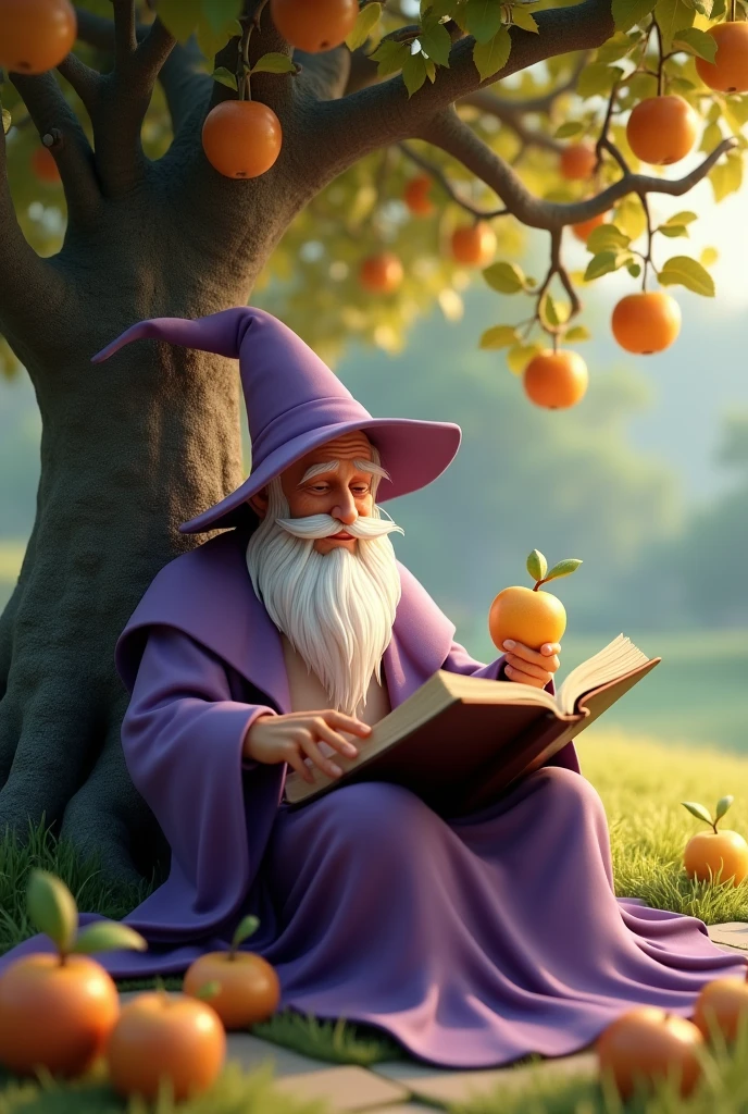 I want you to create the image of an elderly male wizard dressed in lilac, with a pointed hat and a serene expression, Tranquil, reading a book, sitting under an apple tree with several GOLDEN apples on the tree and several GOLDEN apples around the wizard. I want an image emphasizing the magician and the GOLDEN apples, you can even put the magician holding an open book with one hand and a GOLDEN apple in the other hand. I want it to be a 3D image