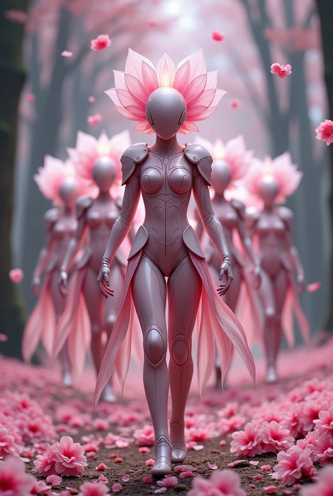 In 2000 B.C., a squad of 20 tall and elegant Sakurianas warriors performs a synchronized training exercise in a mystical forest. Each warrior is clad in advanced armor made from a petal-like material that is 100 times stronger than diamond yet appears delicate and organic. The armor is adorned with shimmering pink and white hues and intricate floral patterns resembling blooming Sakura flowers.The training area is a serene, enchanted forest with floating Sakura petals gently drifting through the air. The warriors move in perfect harmony, demonstrating a range of combat techniques and agility drills. They navigate through holographic targets that appear and disappear in various formations, challenging their precision and coordination.The chest plates and shoulder guards of the armor adjust seamlessly with each warrior's movements, while their sleek helmets, equipped with visors shaped like overlapping petals, provide clear vision and protection. Glowing veins of energy within the armor pulse in rhythm with their actions, highlighting the regenerative capabilities and the powerful energy that courses through their suits.