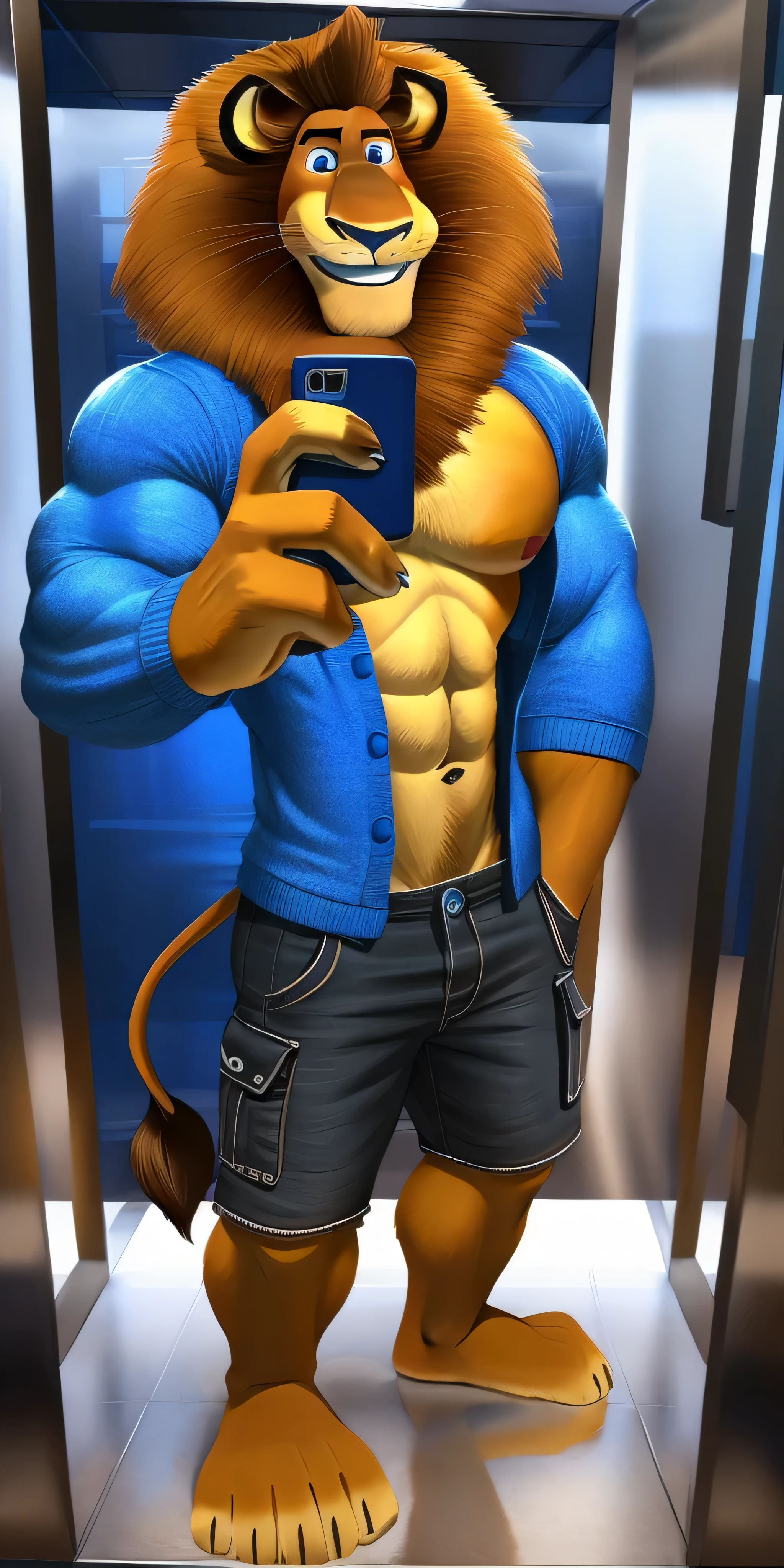 Alex the Lion, muscular body, big biceps, extremely beautiful and cute face, perfectly detailed blue eyes with perfectly detailed pupils, wears blue cardigan with long sleeves, black denim cargo shorts, bare feet, elevator background, selfie, friendly look, cute smile