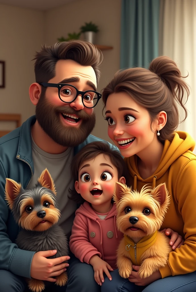 A family with a father, a mother with three daughters and two dogs. The chubby father with a beard and black glasses.,the chubby mother with braces and gold glasses, a small Yorkshire dog with black and gray fur and another Yorkshire dog with yellow fur 