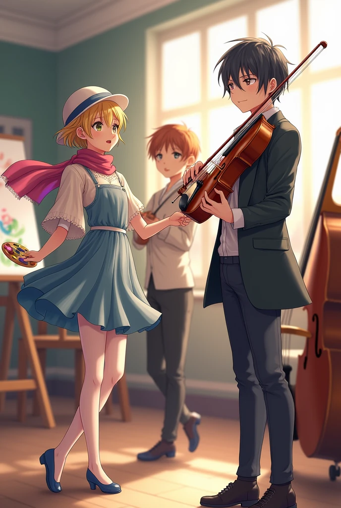 generate a picture where there will be three main people, students, one is an artist, the other is a dancer, and the other is a musician, in the background there will be other musical instruments and also in the picture, let there be an atmosphere of solidarity, let them be in the classroom and let it be seen from their appearance that one is an artist, the other is a musician, and the other is a dancer, let the dancer be the dancer the artist should be dressed as a dancer, with a scarf, a beret and a palette in his hand, and should be dressed in bright colors, and the musician should be classically dressed and hold a violin.