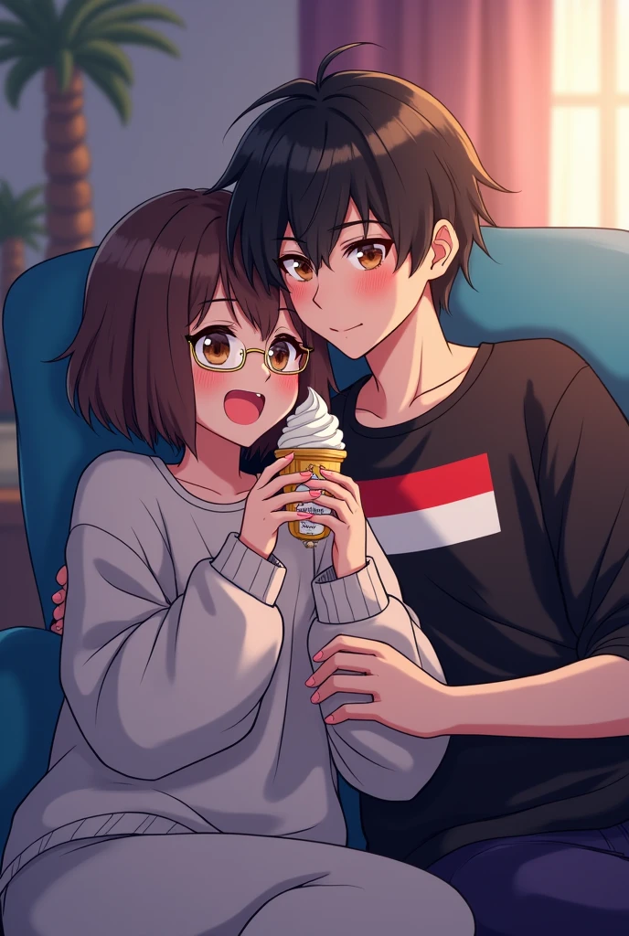 Anime cute gamer girl with brown short hair, brown eyes wearing cute glasses, big boobies wearing comfy sweatshirt eating gelato cuddling anime cool gamer guys lap that has dark hair dark eyes wearing a black shirt with an indonesian flag smoking vape in his pc