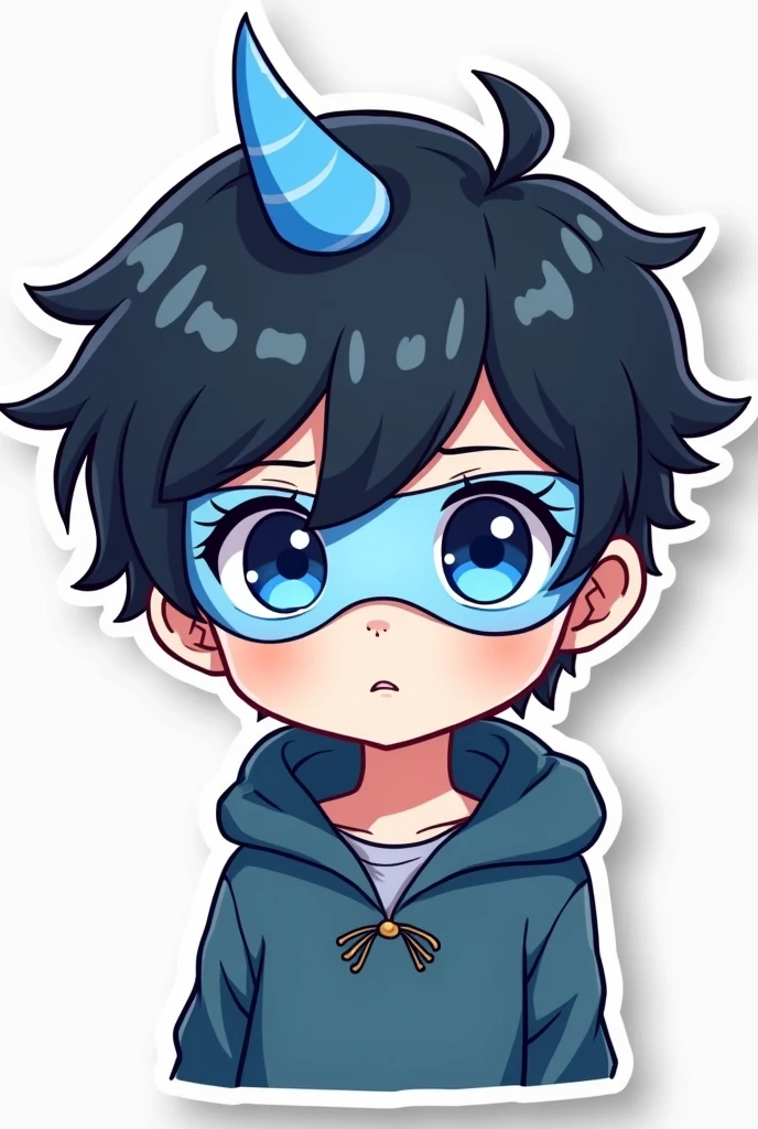 STICKER CUTE CHIBI BOY black hair blue eyes horn small blue mask covering vertical half of face