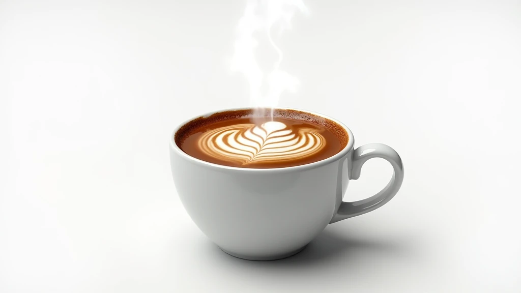 : A steaming cup of hot coffee with foam art on the surface, resting on a white background. 8k  