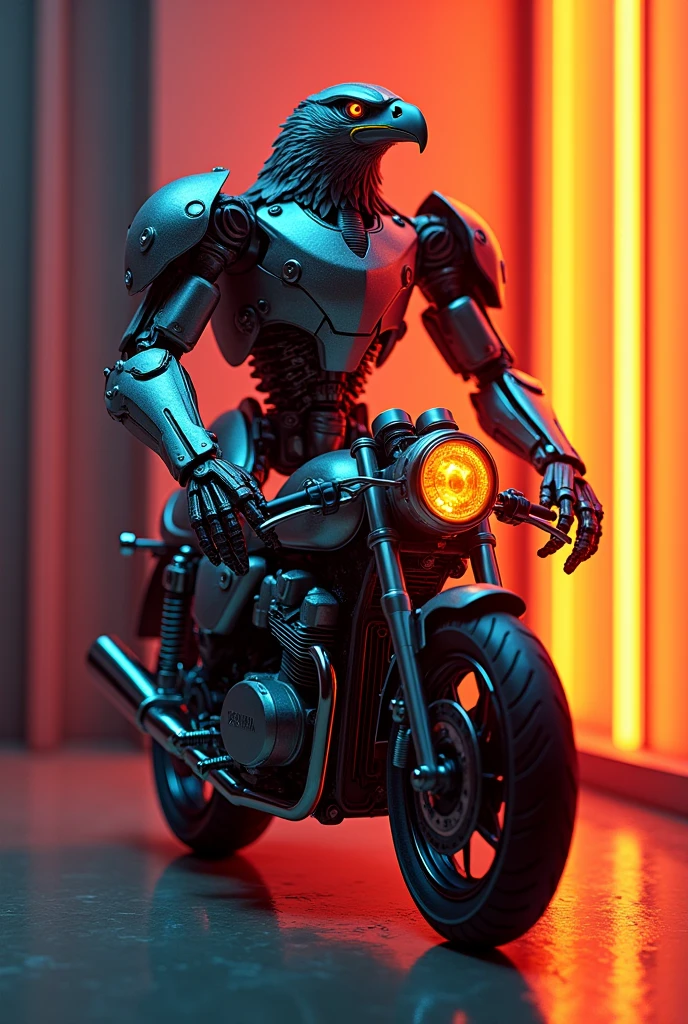 Eagle in transformer costume sitting on Yamaha rx 100 with neon orange light 
