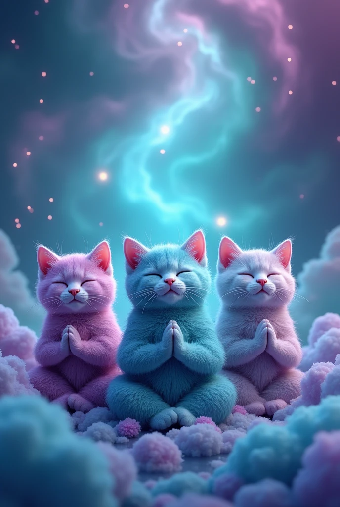Create three cute cats, cute, hiper realisitic, realisitic, 真实感, They are meditating, they meditate, they are purple, turquoise and blue, Are they happy, and the background is the turquoise and purple galaxy