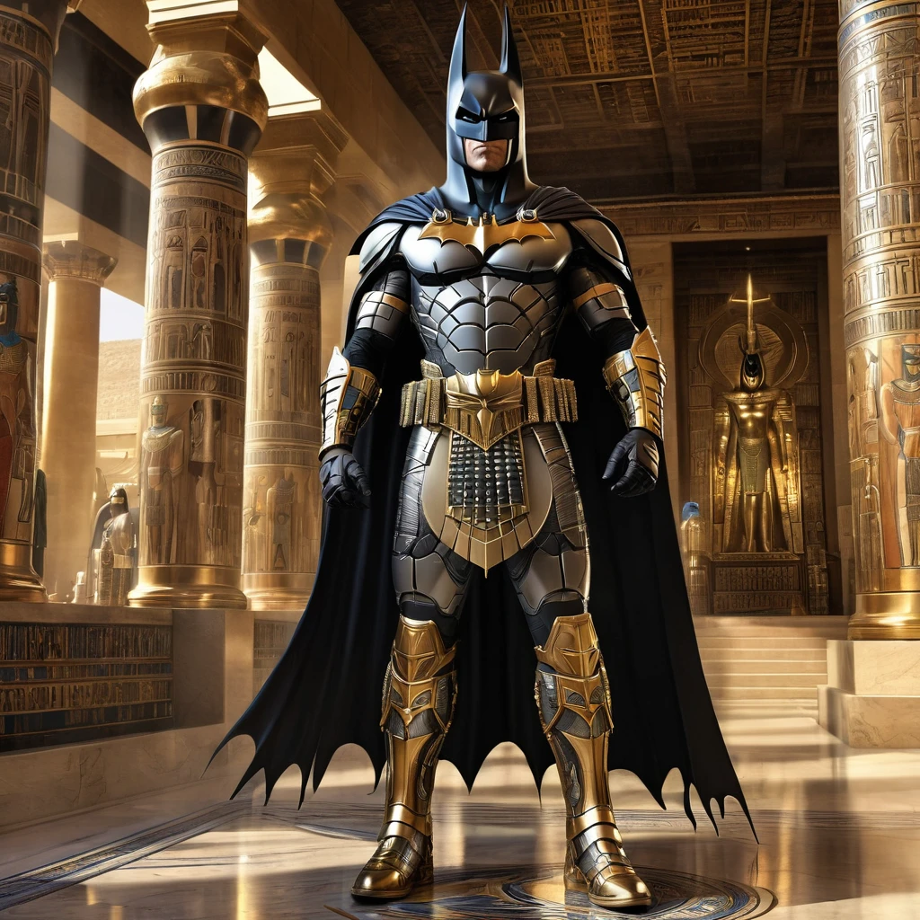 a realistic photo, hdr definition, uhd photo realistic, hyper detailed, full body, he looks at the lens, a fusion between Batman and Anubis, the details of the mask are more than realistic and detailed, his armor covered in gold and engraved with Egyptian writing, background of an Egyptian funerary hall, the torches are reflected on the armor, the detailed details of this photo enhance this creation into a masterpiece